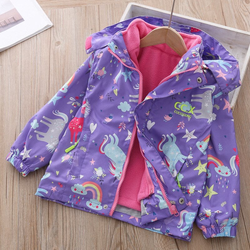 Autumn- Winter Girls Coat Detachable fleece Children clothes Rainbow Girls Jackets 3-10 years kids outdoor windbreaker for girls: purple / 4T Height 100-110cm
