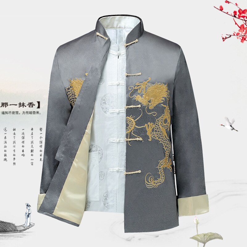 Traditionellen Chinesischen Stil Stickerei Drachen Hanfu Bluse Wu Seetang Anzug Männer Kung Fu Männlichen Spitzen Jacken Cheongsam Neue Jahr Mäntel: grau Jacke / M