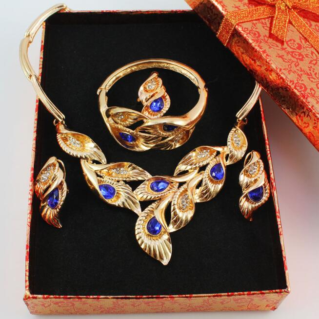 Gold Farbe Schmuck Sets Blätter Form African Kostüm Halskette Set Frauen Braut-accessoires: blue add box