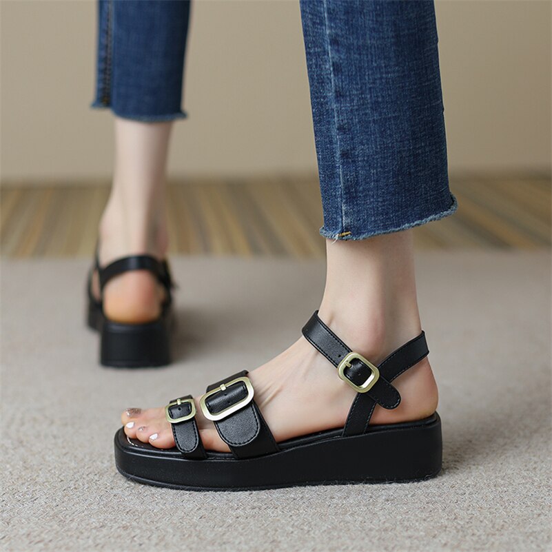 Meotina Shoes Women Genuine Leather Ankle Strap Sandals Flat Platform Buckle Ladies Footwear Summer Sandals Black Beige