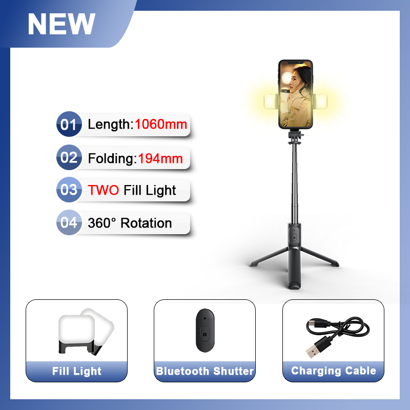 Roreta 2022 Wireless bluetooth selfie stick tripod with fill light shutter remote control for IOS Android smart phone: With two fill light
