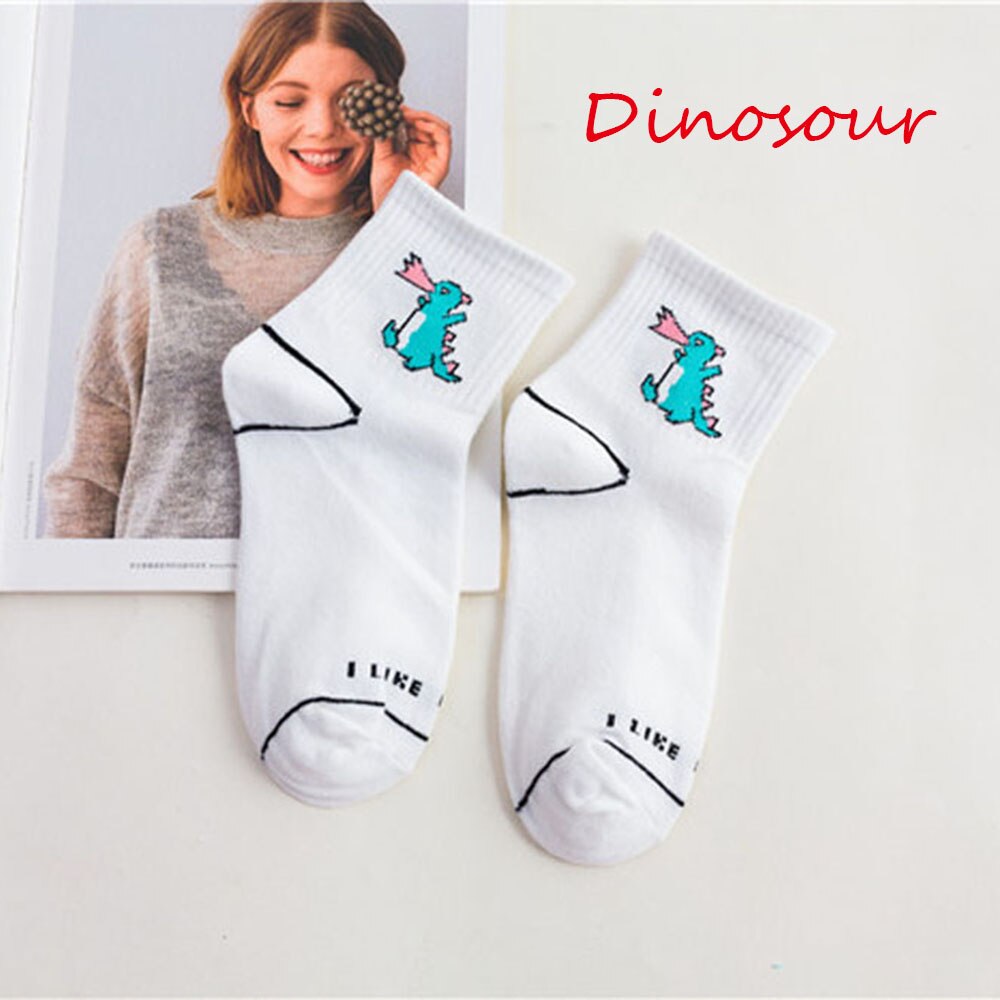 Women Socks Cartoon White Cute Banana Milk Dinosaur Cotton Warmth Long Socks Cute Funny Illustration Letter Socks: dinosour