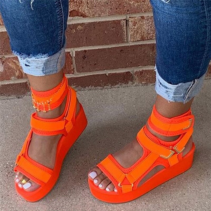 Kvinnor sandaler krok & loop plattform öppen tå orange sandaler kvinnor platt sommar utomhus strandskor dam sandaler för tjejer: Orange / 35