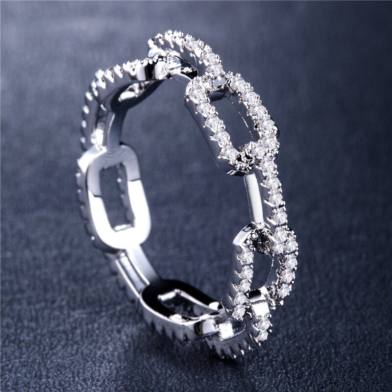 Creatieve Keten Dames Ring Zirkoon Ring Voor Vrouwen Verzilverde Rose Goud Koper Strass Ring Populaire Trouwring Sieraden: 8 / SILVER