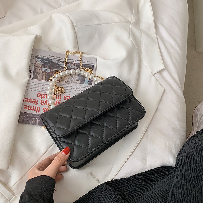 Lingge torba damska 2021 letnia nowa moda jedna torba na ramię kurierska łańcuszek z pereł przenośna mała torba kwadratowa torba na łańcuszku okrągła torba: Large Black