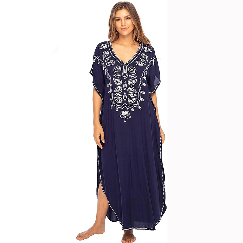Beach Cover up Cotton Embroidered Bikini Cover up Plus size Women Party Maxi Dress Robe Plage Beach Pareo