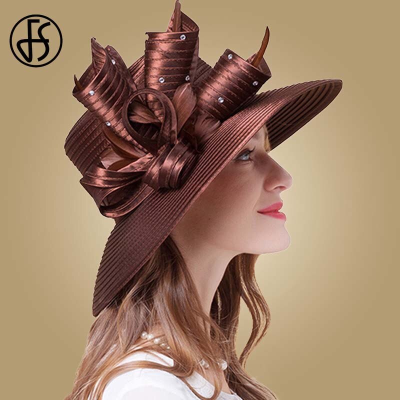 FS Brown Rose Fedora Hat Summer Big Brim Sun Hats Fascinators For Women church Wedding Party Kentucky Derby Boater Hat