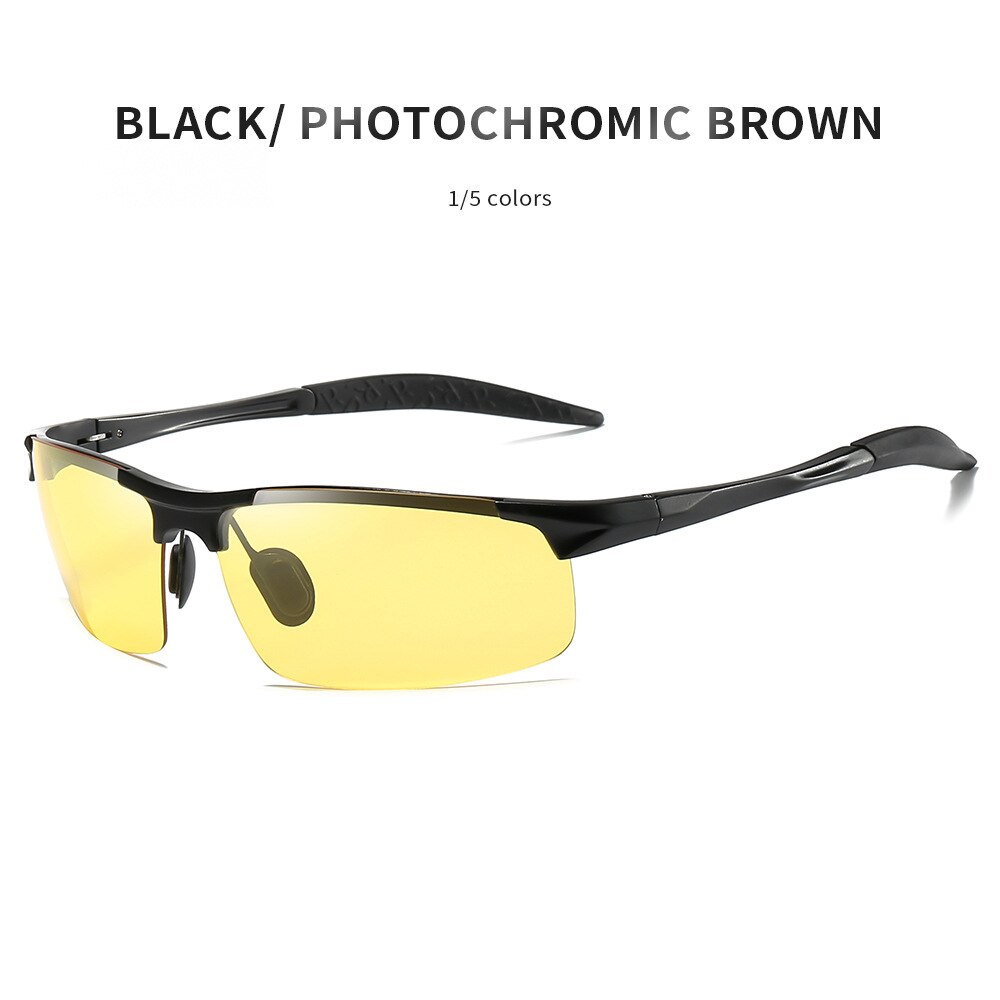 Herre aluminiums sports polariserede fotokromiske briller til kørsel dag nattsyn anti blænding gul til brun overgangs linse 5933: Sortgulbrun