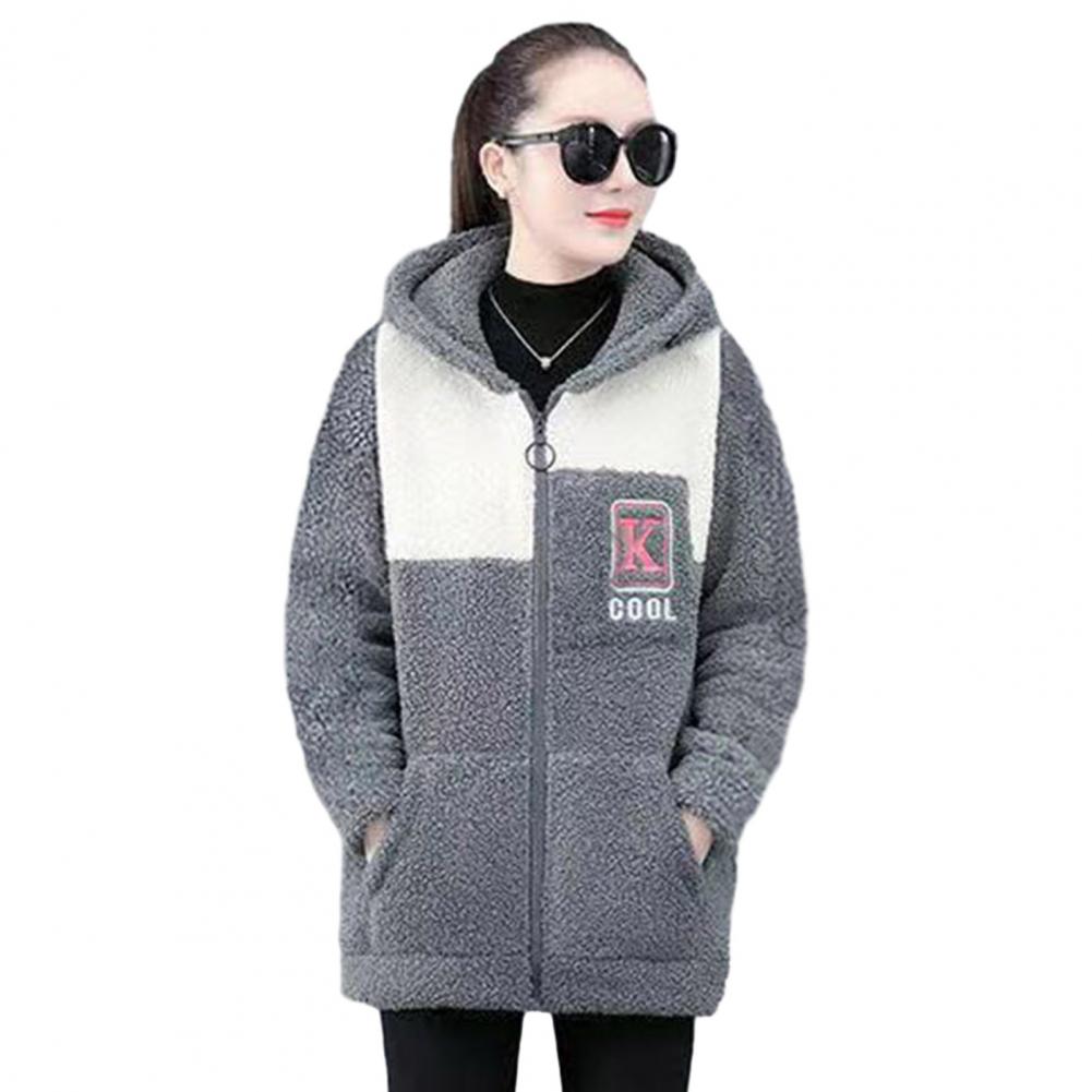 Damenjacke, Colorblock-Vlies-Kapuzenmantel mit Reißverschlusstaschen für Damen, warme Winter-Strickjacke-Jacke, mittellang, Schließfach: 4G / Weiß