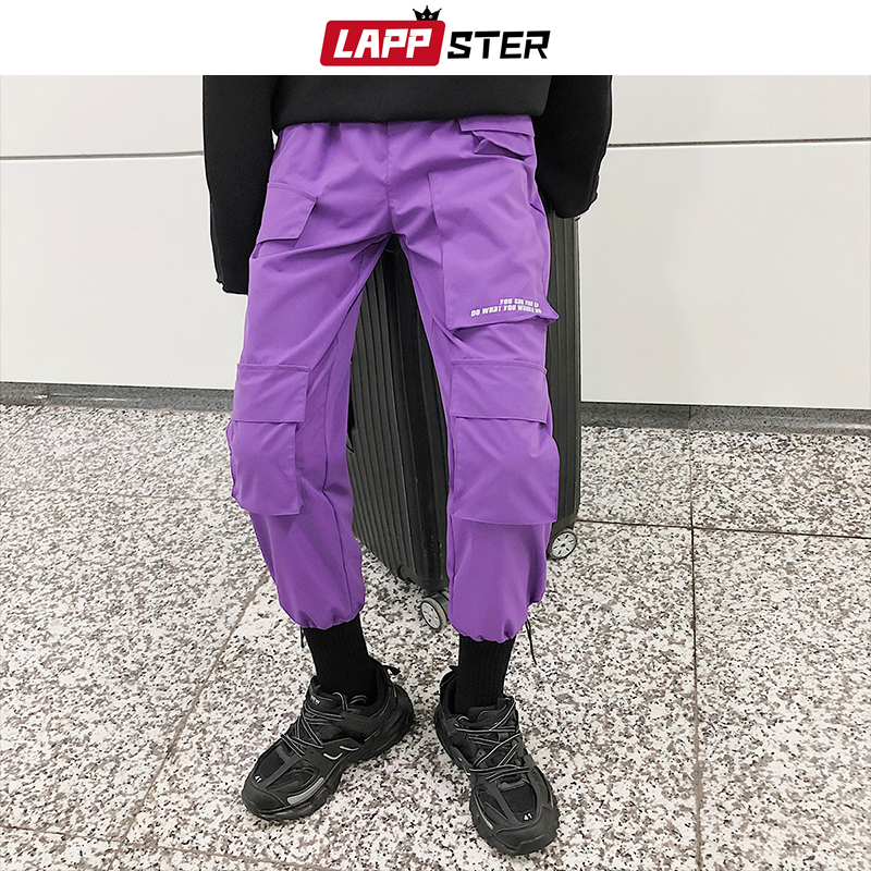 Lappster heren streetwear cargobroeken overalls heren baggy hiphop joggingbroeken broekzakken harembroek paarse joggingbroek koreaans