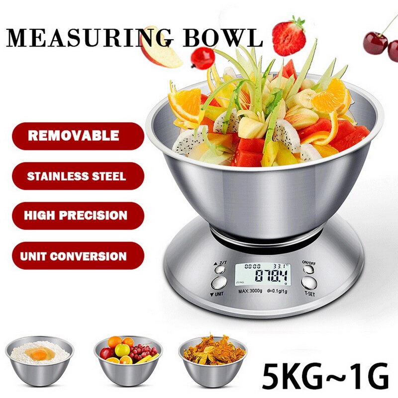 Food Scale Stainless Steel Digital Kitchen Weight with Removable Bowl Temperature Sensor for Cooking and Baking 5KG/1G: Default Title