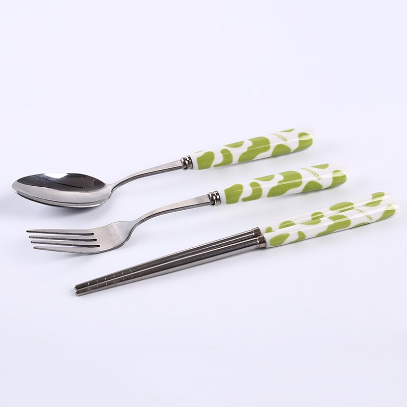 3PCS/Set Cute Fork Spoon Cutlery Set Cartoon Handle Stainless Steel Children Tableware Student Girl Boy Picnic Lunch Tableware: 3pc green