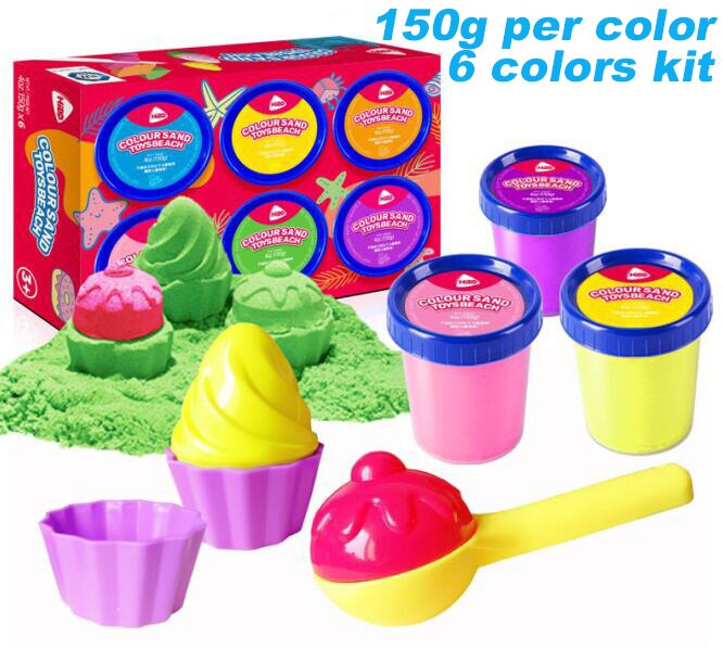 500g Soft Color Magic Sand DIY Squeezable Beach Sand Toy Kids No-toxic Flowing Building Sand with Tools Educational Toy: 150g per 6colors kit