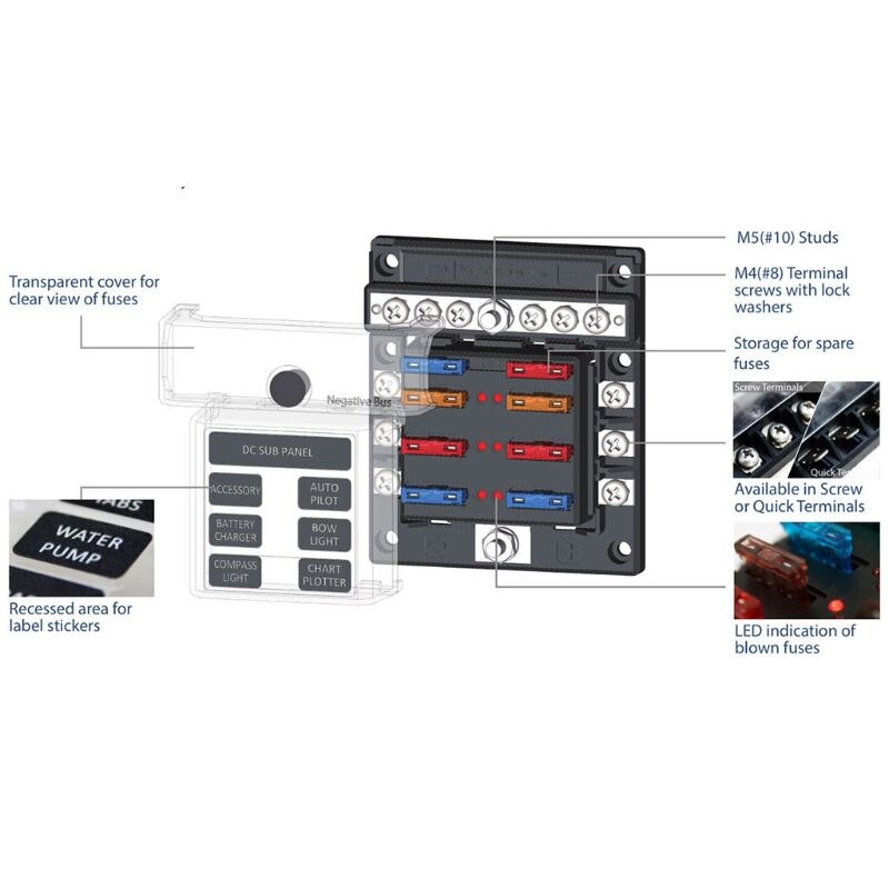 6-way Fuse Holder with LED Indicator Light and Negative Busbar Fuse Box for 12/24V Car RV Boat Auto Modified Accessories