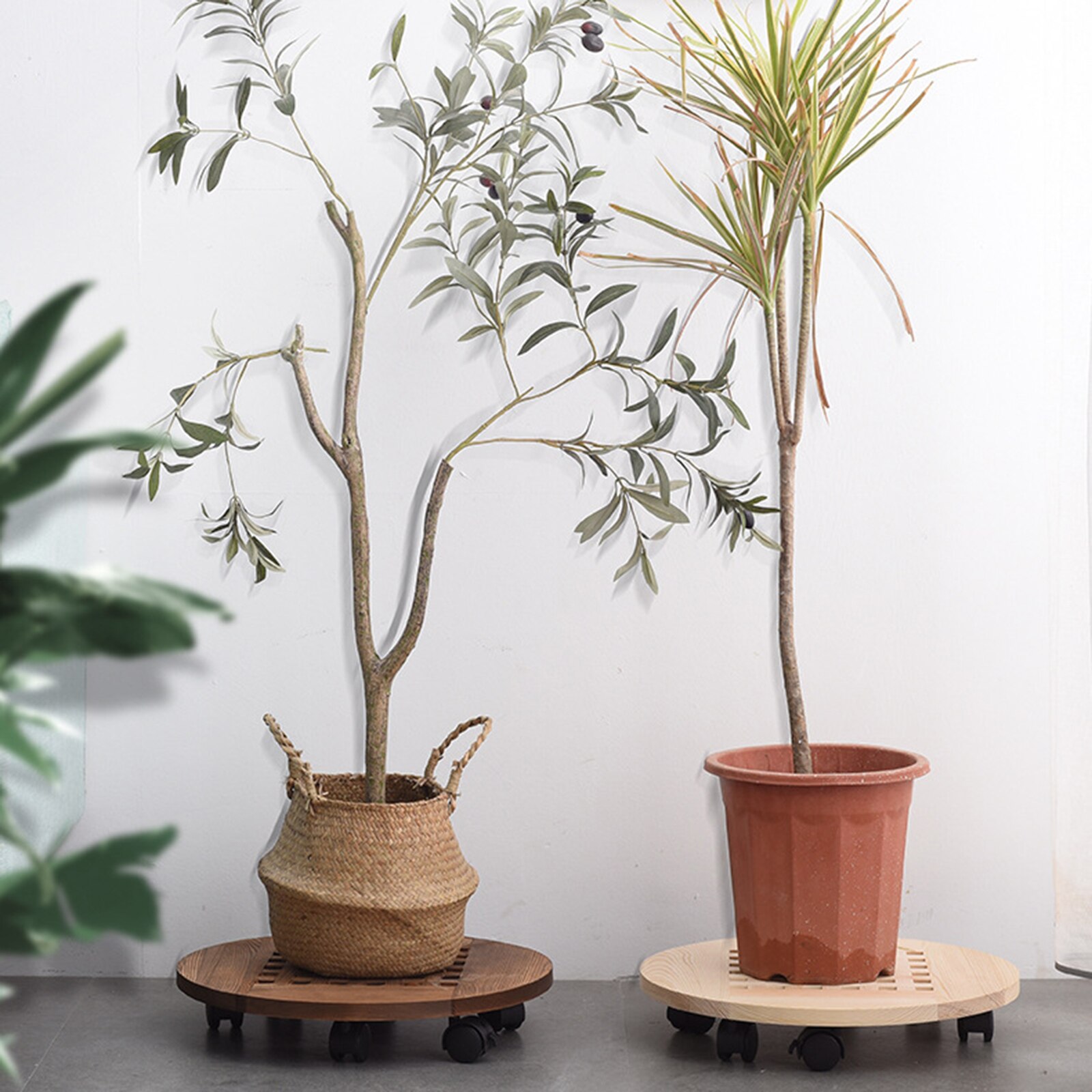 Bandeja giratoria para macetas de flores con rueda de 360 °, carro giratorio de madera para macetas con soporte para plantas con ruedas, porta macetas redondas para flores