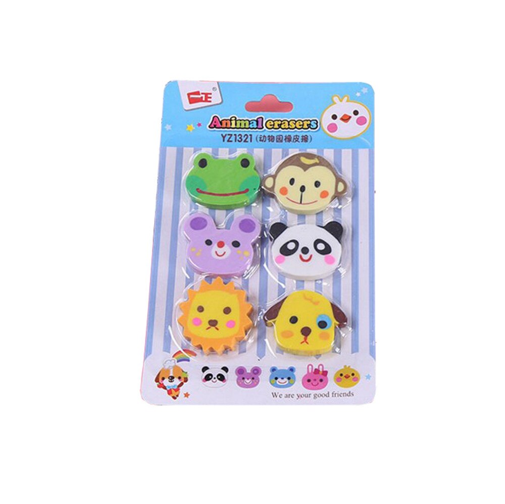 6 Pcs Cute Mini Animal Rubber Pencil Eraser Set Stationery Kids Children Pencil correction Art School /c: Default Title