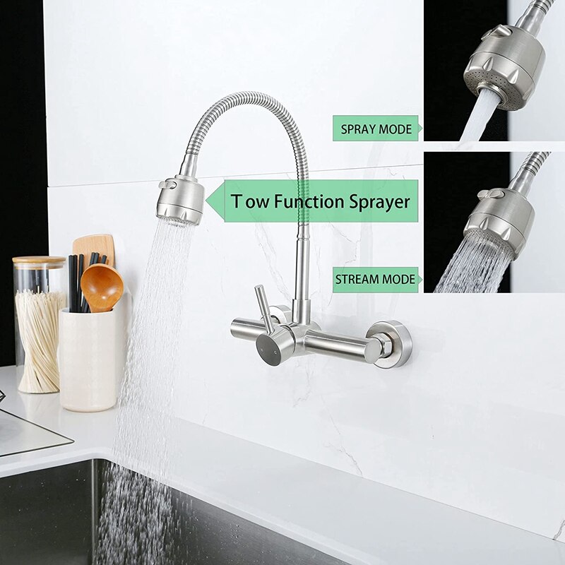 Wall Mount Kitchen Faucet 8 Inch Center ,With Dual Function Flexible Sprayer,Mixer Stainless Steel Constructed Bar Tap