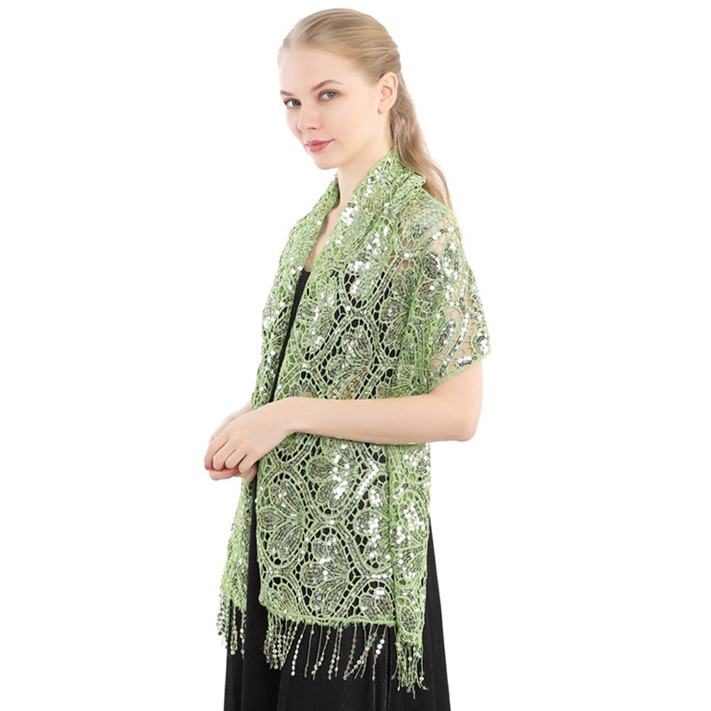 Scialle di pizzo con paillettes vuote da sposa da donna di lusso avvolgere il partito femminile lucido luccichio stola sciarpa da ballo con nappa: erba verde