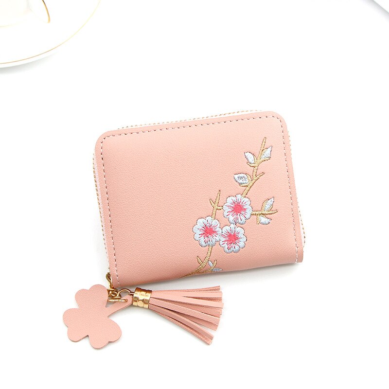 Women Wallets Ladies Flower Embroidery Tassel Short Wallet Girls Cute Zipper Purse Change ID Card Coin Pocket Card Holder: Pink