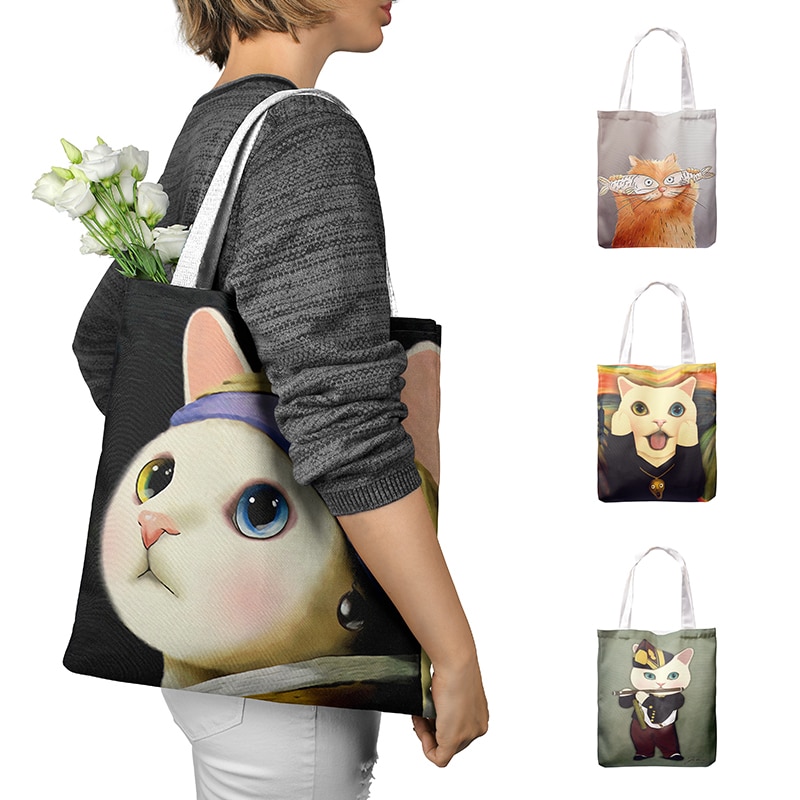 Bolso de lona con estampado 3D de gato y Animal para mujer, bolsa de mano Retro con estampado de pintura al óleo, bolso de hombro de viaje para chica, bolsa de compras ecológica