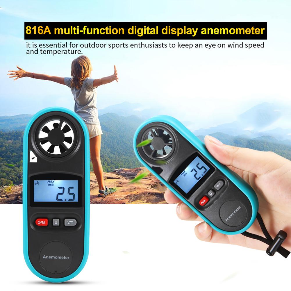 816A Mini Lcd Digitale Backlit Anemometer Thermometer Wind Gauge Windmeter Toepasselijk Koeling En Drogen