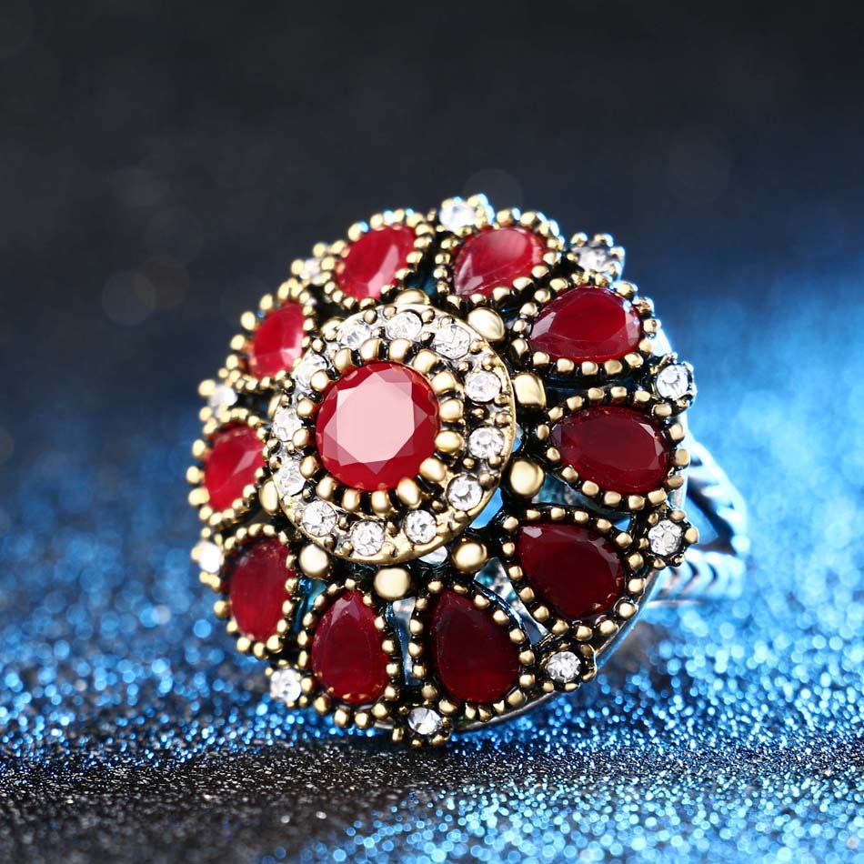 Kinel Heißer Blume Kristall Hochzeit Ringe Für Frauen Jahrgang suchen Runde Farbe Gold Mosaik verrotten Harz Türkei Schmuck