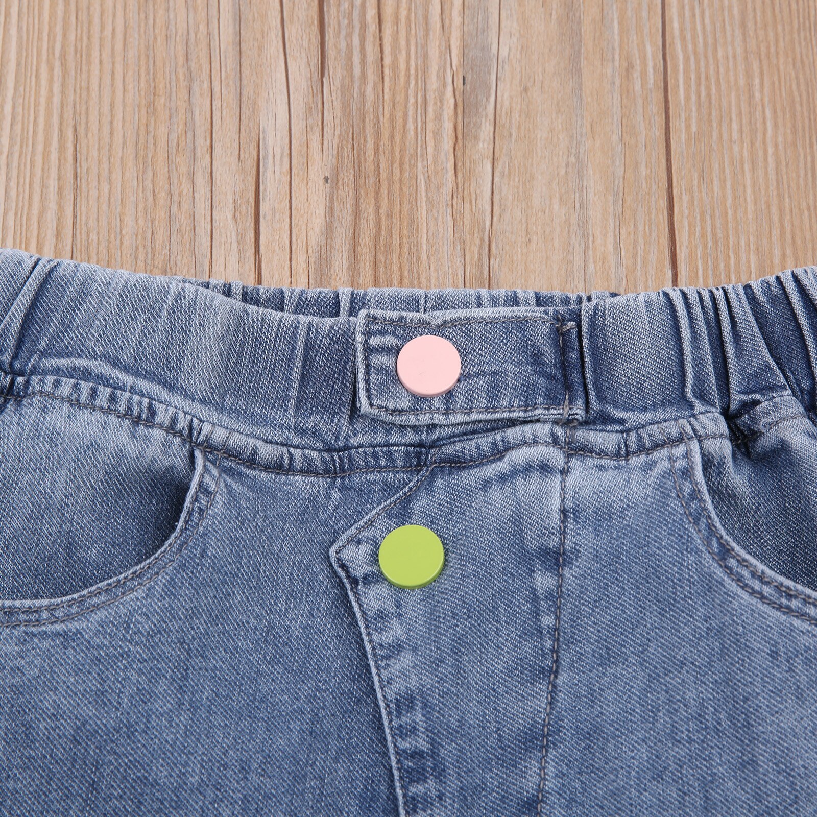 Collectie Baby Meisje Elastische Denim Broek Kleurrijke Knop Decoratie Lange Broek Casual Losse Pocket Kleding