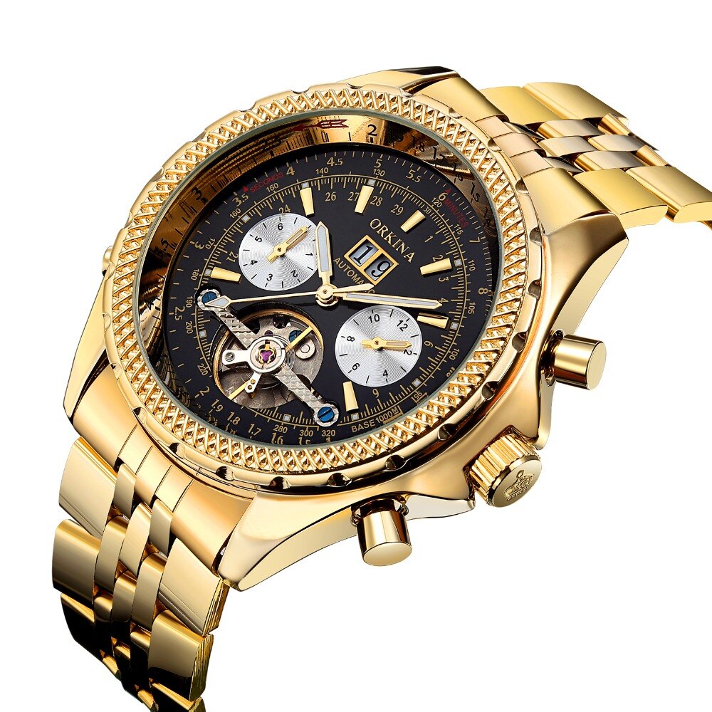 Tourbillon Automatische Mechanische Horloges Mannen Horloge Luxe Top Brand Skeleton Roestvrij Stalen Band Relogio Masculino: gold black