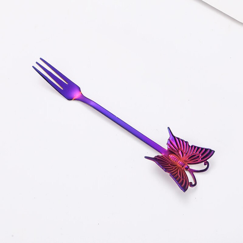 Cuillère à café en acier inoxydable 304, cuillère à café pour Dessert au sucre plaqué or, fourchette à fruits, polissage miroir poignée papillon, vaisselle 1 pièce: Purple Fork