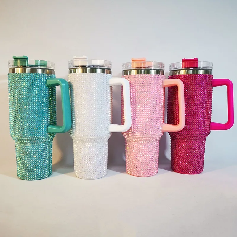 Taza Termo de diamante de 40oz con asa, botella aislada de café al vacío de acero inoxidable 304, frascos portátiles para coche