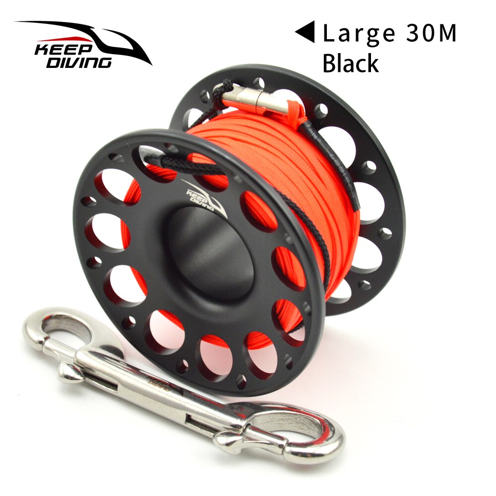 Carrete de dedo de aleación de aluminio para buceo, 15M/30M, de acero inoxidable con gancho de doble extremo, equipo SMB, accesorios para cuevas y buceo: Black 30M