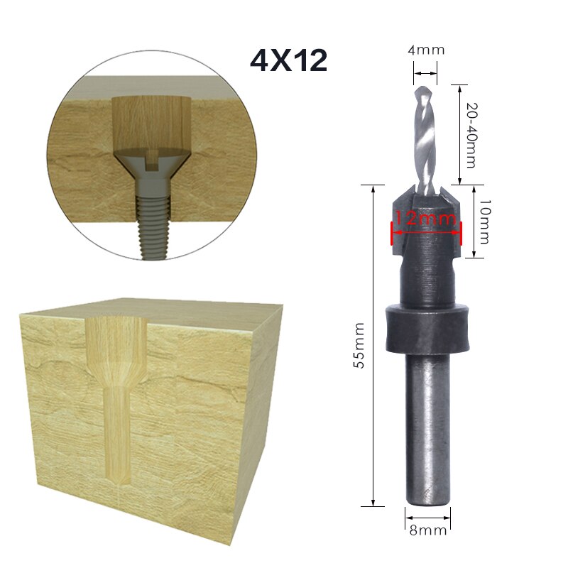 1Pcs 8Mm 10Mm Shank Hss Houtbewerking Countersink Router Bit Set Tapeinduithalerset Remon Sloop Voor Hout Frezen cutter: 8mmShank 4mmX12mm