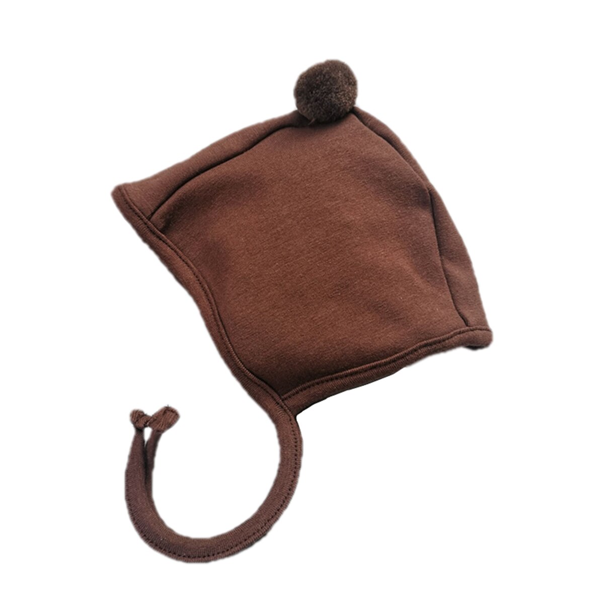 Winter Baby Boy Girl Warm Cap Hat No-Brim Plush Ball Hat Beanie Bear Ears Solid Strap Caps: Coffee