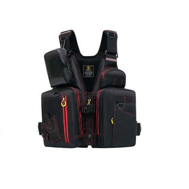 Outdoor Sport Fishing Vest Men Sea Fishing Large Buoyancy Life Vest Adult Removable Foam Multi-pocket Life Waistcoat: Black Red