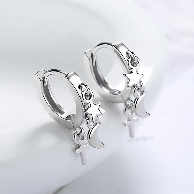 KOFSAC-pendientes de plata de primera ley con forma de luna y estrella para mujer, aretes pequeños, plata esterlina , Cruz, Estilo Vintage, de cumpleaños, 925