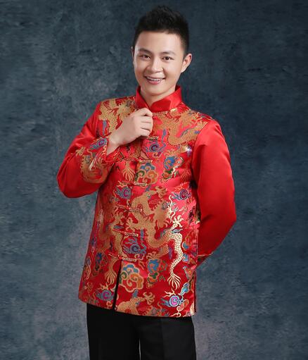 Chinese traditionele kleding bruiloft reed borduurwerk bruid kleding mannen tang pak vintage stand kraag tuniek pak: D style / XL