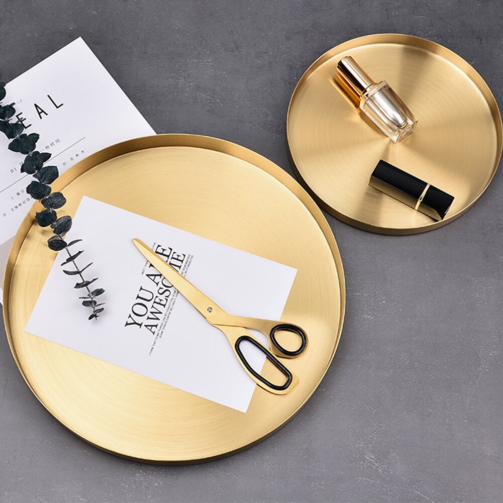 Exquisite Home Gold Kitchen Space Saving Round Shape Jewelry Display Decorative Storage Tray Desktop Stainless Steel Bathroom