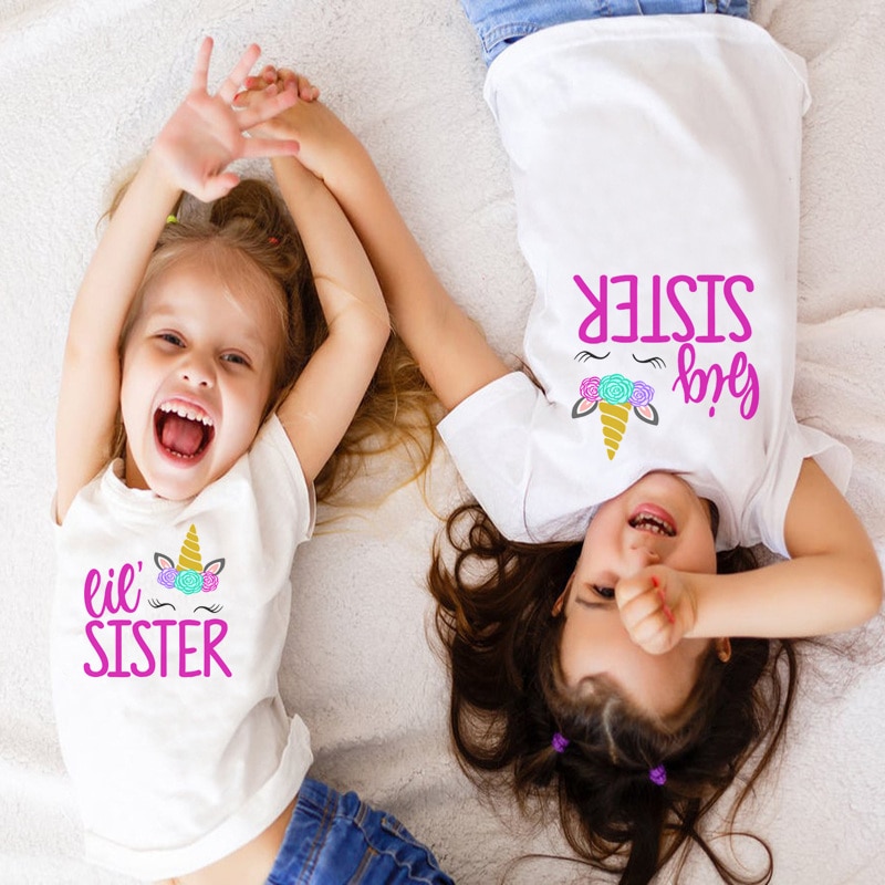 T-shirt manches courtes pour enfants, humoristique, licorne, grande/petite sœur, tenues assorties, vêtements pour enfants