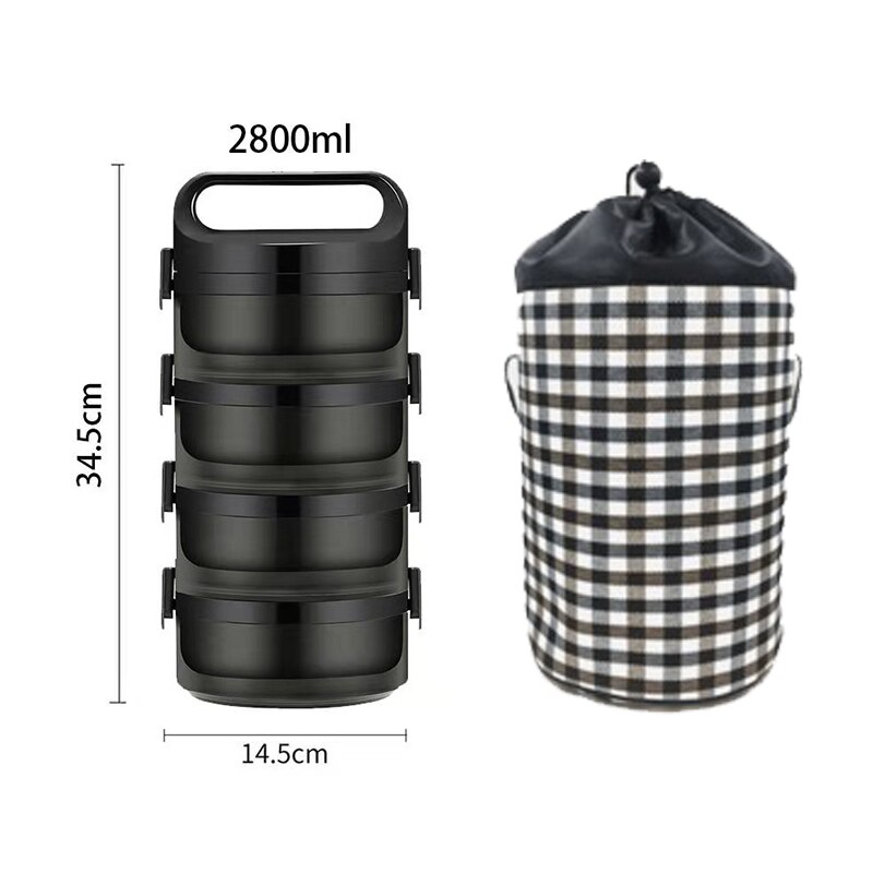 Roestvrij Staal Thermische Lunch Bento Box Voor Office Student Draagbare Multi Layer Picknick Voedsel Container Lekvrij Thermos Lunchbox: 4LayerBlack with bag