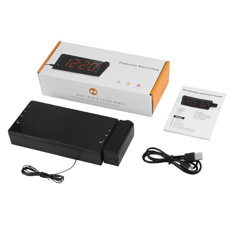 180 Degree Table Wall Digital Projector Radio Alarm Clock Snooze Timer Temperature LED Display USB Charging Cable FM Radio Clock