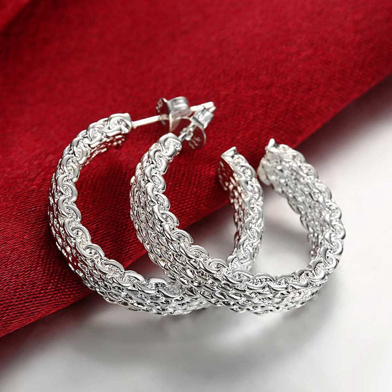 925 argent bijoux ensembles cercle tressé maille anneaux boucles d'oreilles bracelet pour les femmes mariée bijoux de mariage