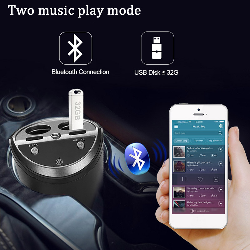 Autoladegerät für iphone, mobiltelefon, freisprecheinrichtung, fm-transmitter, bluetooth-autokit, lcd-display ,  mp3- player, dual-usb-autoladegerät