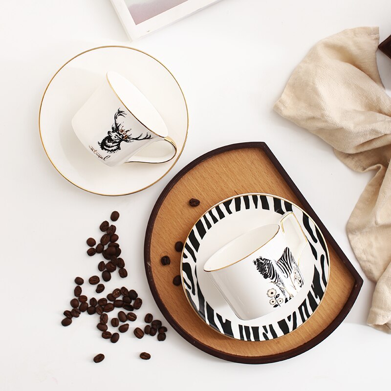 Nordisk stil zebra älgbenporslin kaffekopp och tefatuppsättningar engelska phnom penh svart tekopp