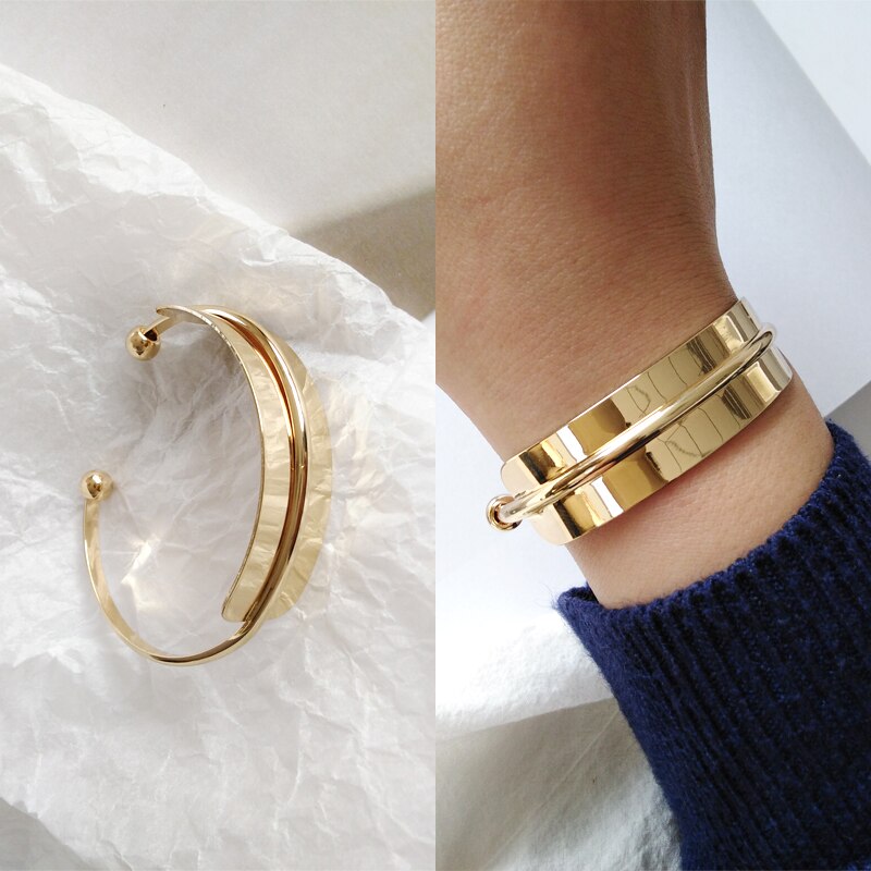 Glossy Double Layer Cross Opening Jewelry Bangle for Women Girls Party Hip Hop Punk Metal Geometric Bracelets gold