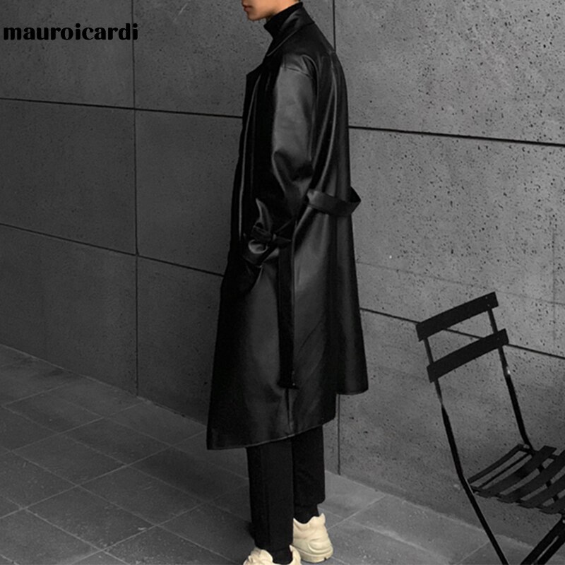 Mauroicardi Spring Long Black Oversized Leather Trench Coat Men 2022 Shoulder Long Sleeve Belt Faux Leather Coats for Men