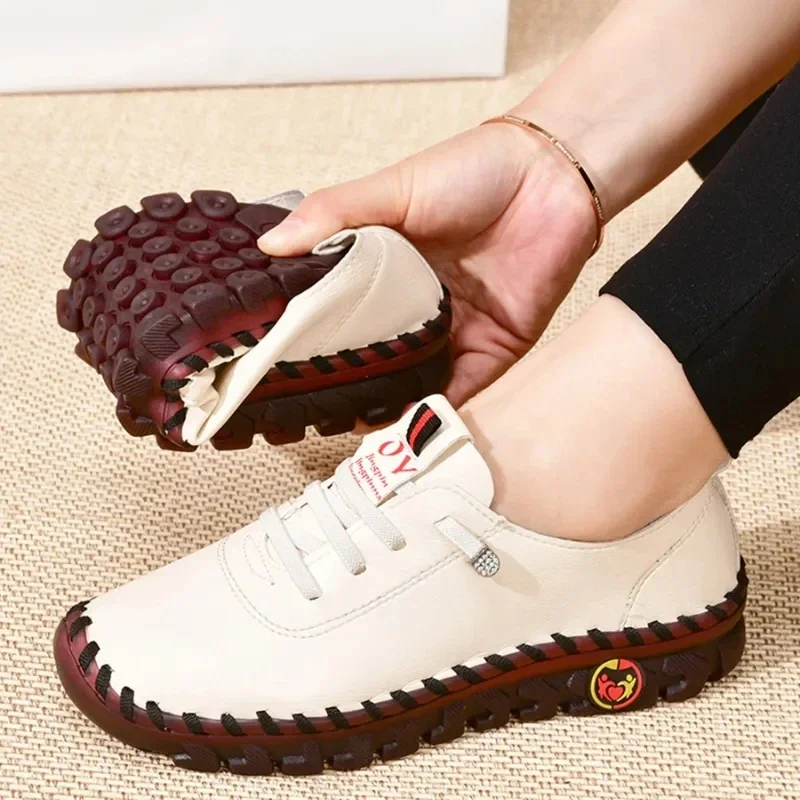 Zapatillas De deporte para Mujer, mocasines De cuero, zapatos cómodos sin cordones, hilo De coser a mano, zapatos para mamá, Zapatillas De Mujer