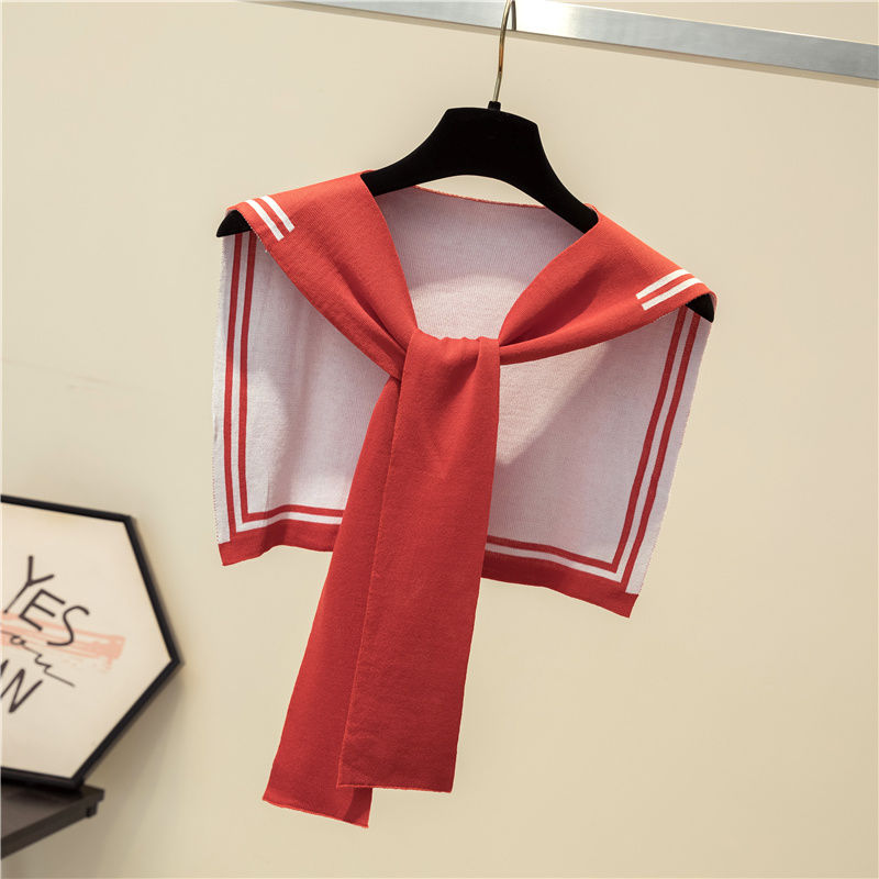 Korean College Navy Stripe Wool Knit Shoulder Cape Knotted Warm Shawl Summer Air Conditioned Room Protect Neck Woman&#39;s Scarf T56: Red