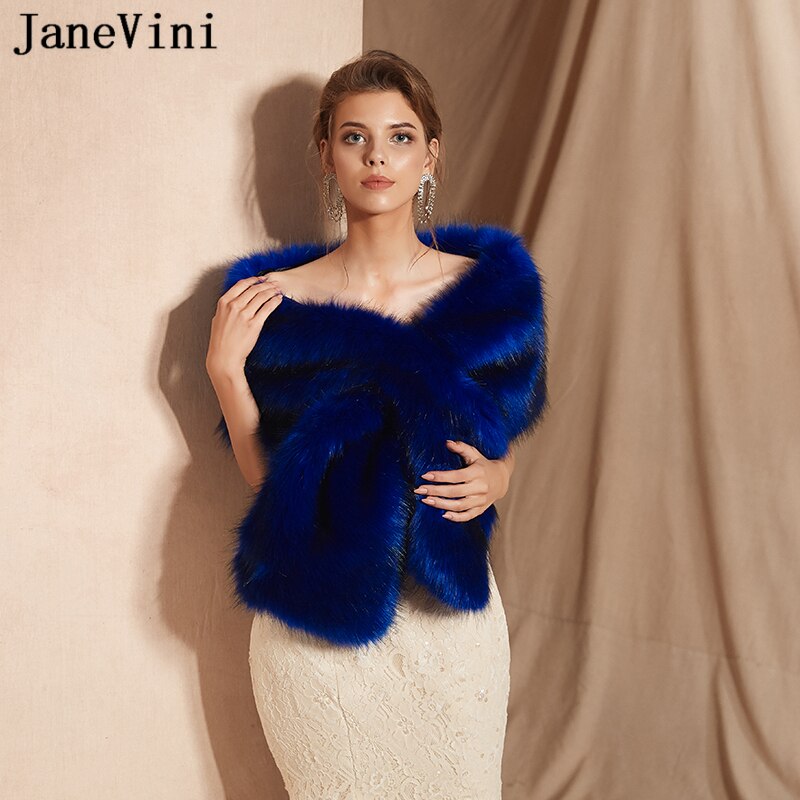 JaneVini bleu Royal hiver fausse Fourrure châle enveloppe de mariée cape femmes boléro Fourrure haussement d'épaules vêtements d'extérieur chauds accessoires de mariage