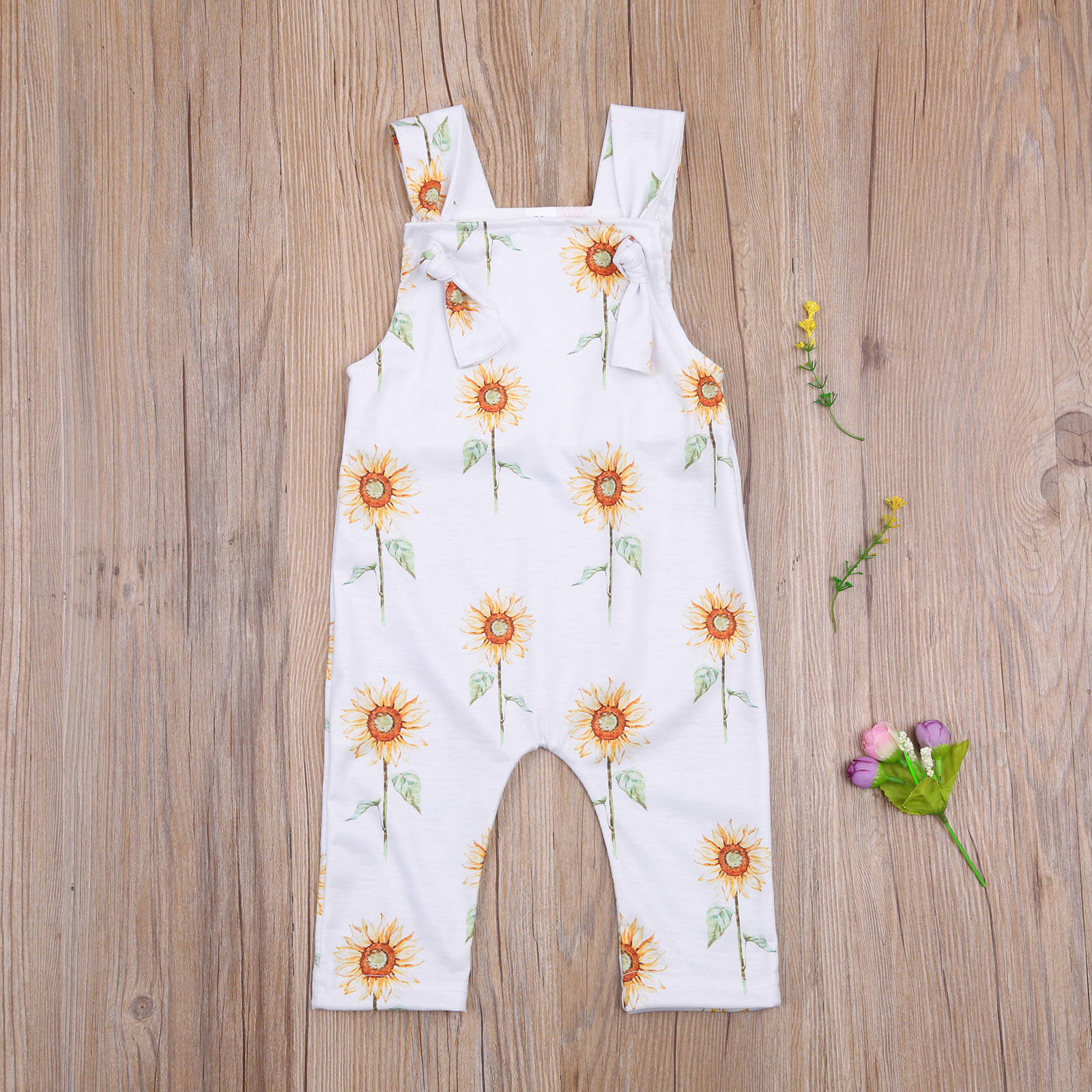 Focusnorm 0-24M Zomer Baby Meisjes Jongens Rompertjes Zonnebloemen Print Mouwloze Knop Strap Jumpsuits