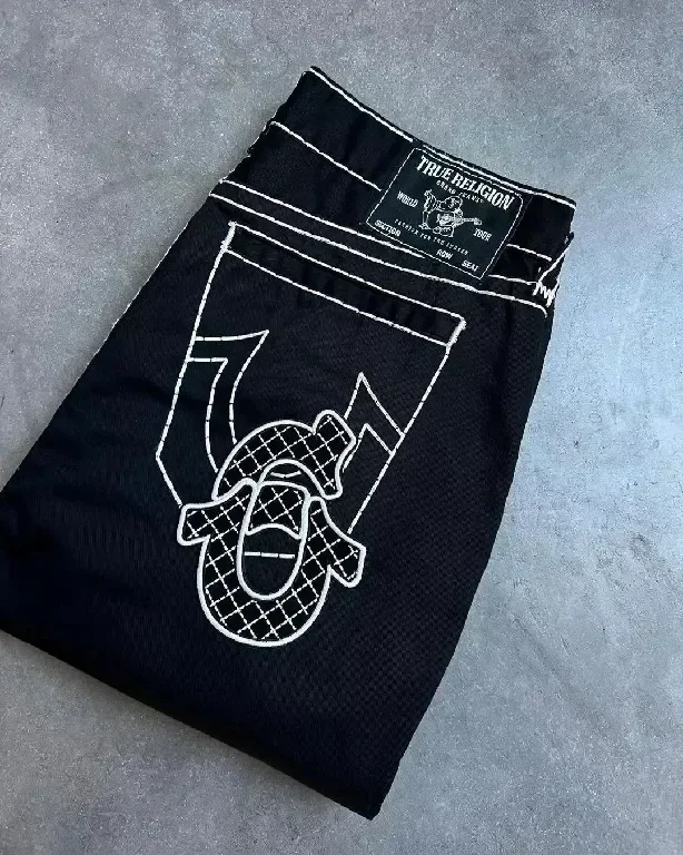 High Waist Buddha Labeling Embroidered Jeans Vintage Gothic Y2K Denim Pants Straight Wide Leg Harajuku Casual Women Clothing: M / Gold